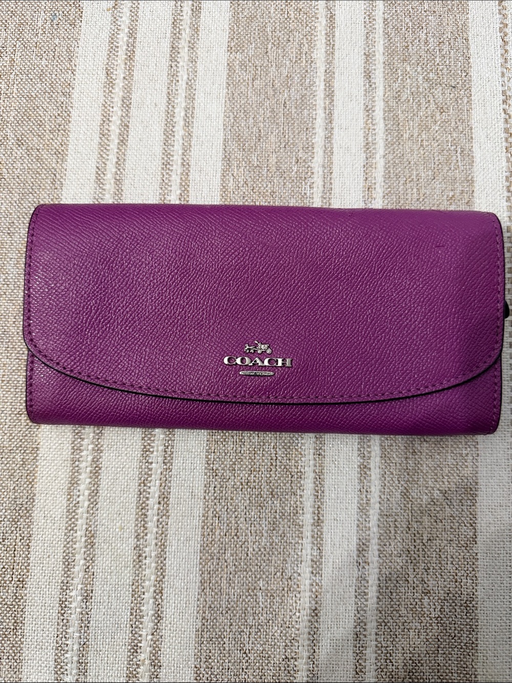 Coach Purple Saffiano Leather Flap Wallet with Silver Logo
